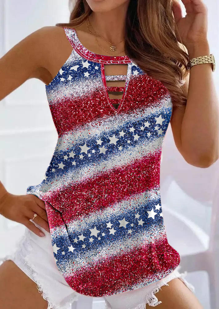 

American Flag Color Block Striped Glitter Hollow Out Tank, Multicolor, SCM016460