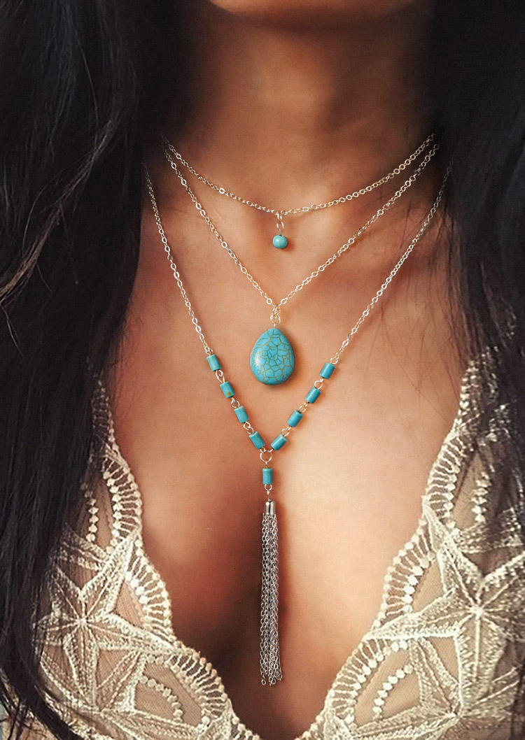 

Bohemian Turquoise Tassel Multi-Layered Necklace, Silver, SCM016495