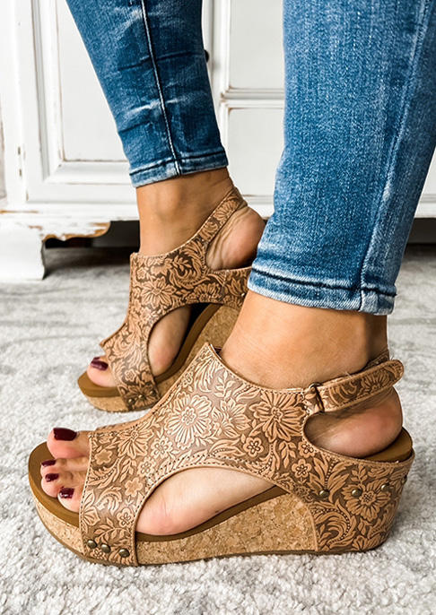 

Floral Tooled Pattern Wedge Sandals, Brown, SCM016622