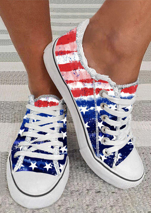 

American Flag Lace Up Flat Sneakers, Multicolor, SCM016677