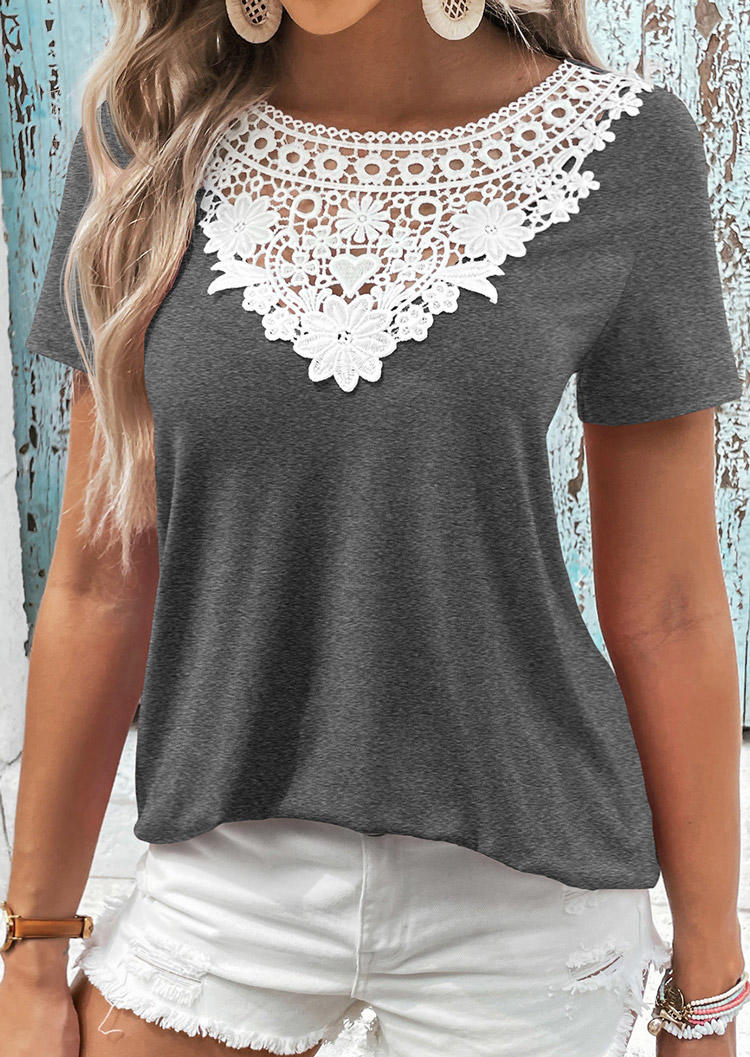 

Lace Splicing Short Sleeve O-Neck Blouse - Gray, SCM016088