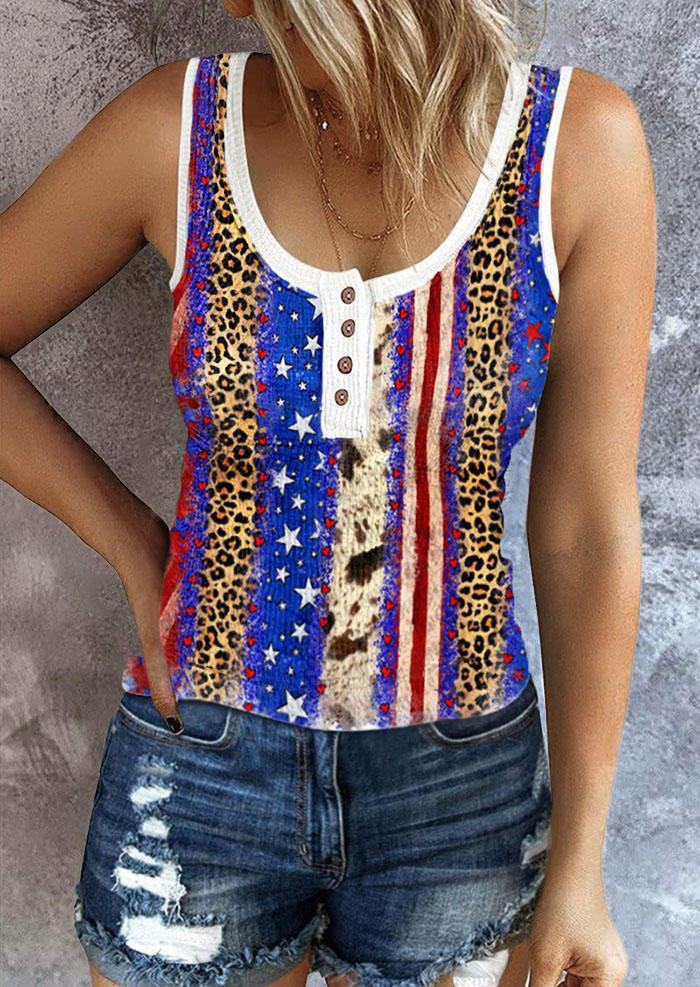 

Leopard Striped Star Button Tank, Multicolor, SCM016206