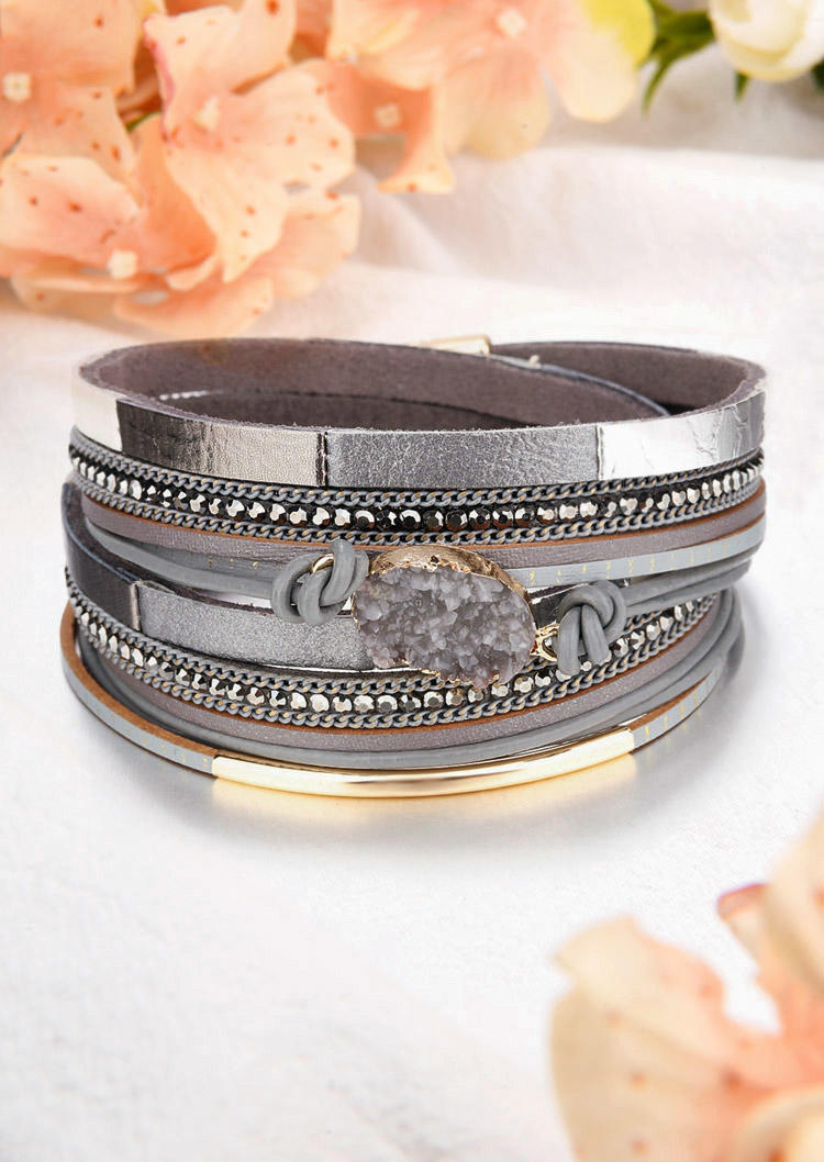 

Rhinestone PU Magnetic Buckle Bracelet, Gold;gray, SCM016417