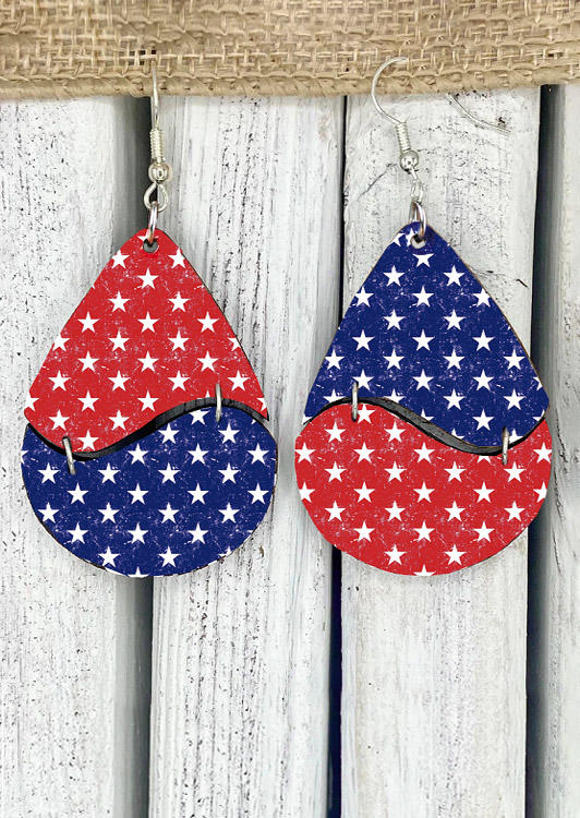 

American Flag Star Wooden Water Drop Earrings, Multicolor, SCM016546