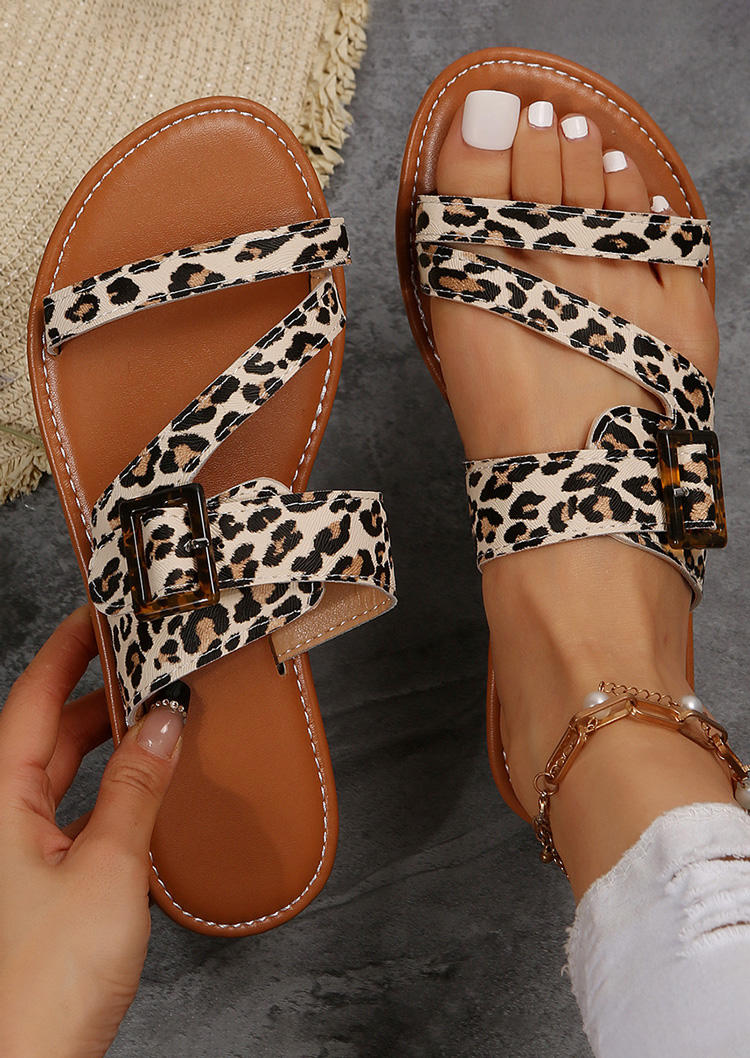 Leopard Buckle Hollow Out Flat Slippers