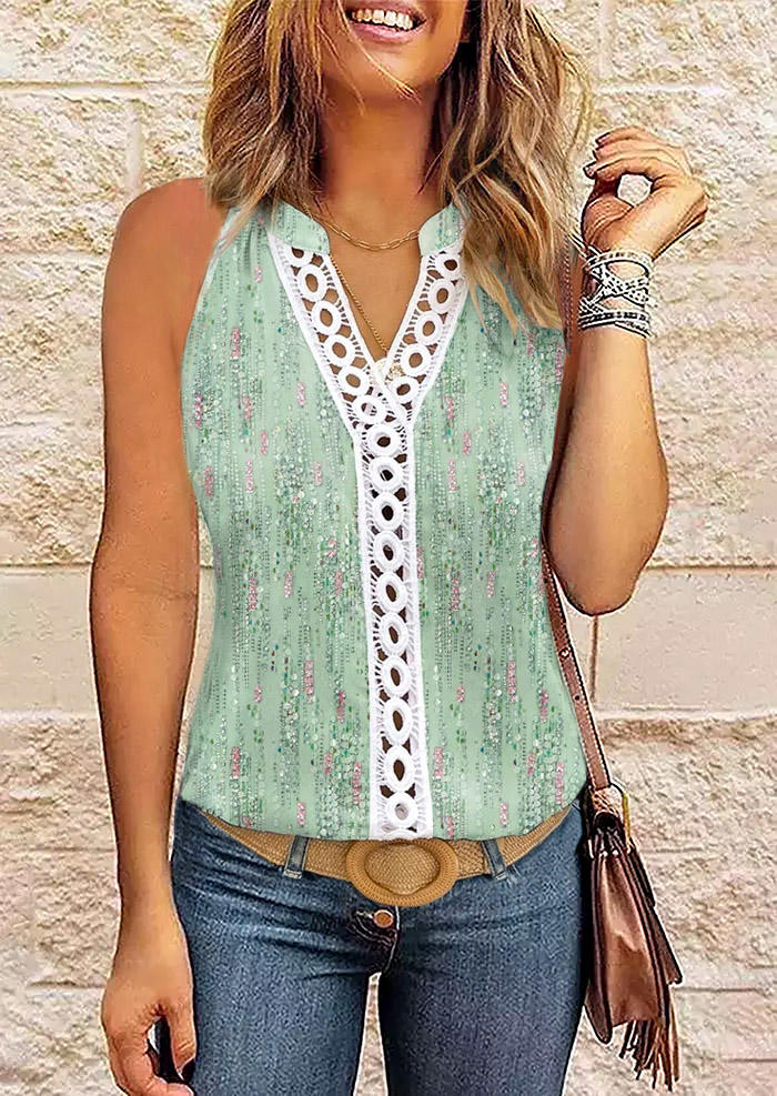 

Lace Splicing Notched Neck Tank - Light Green, SCM016669
