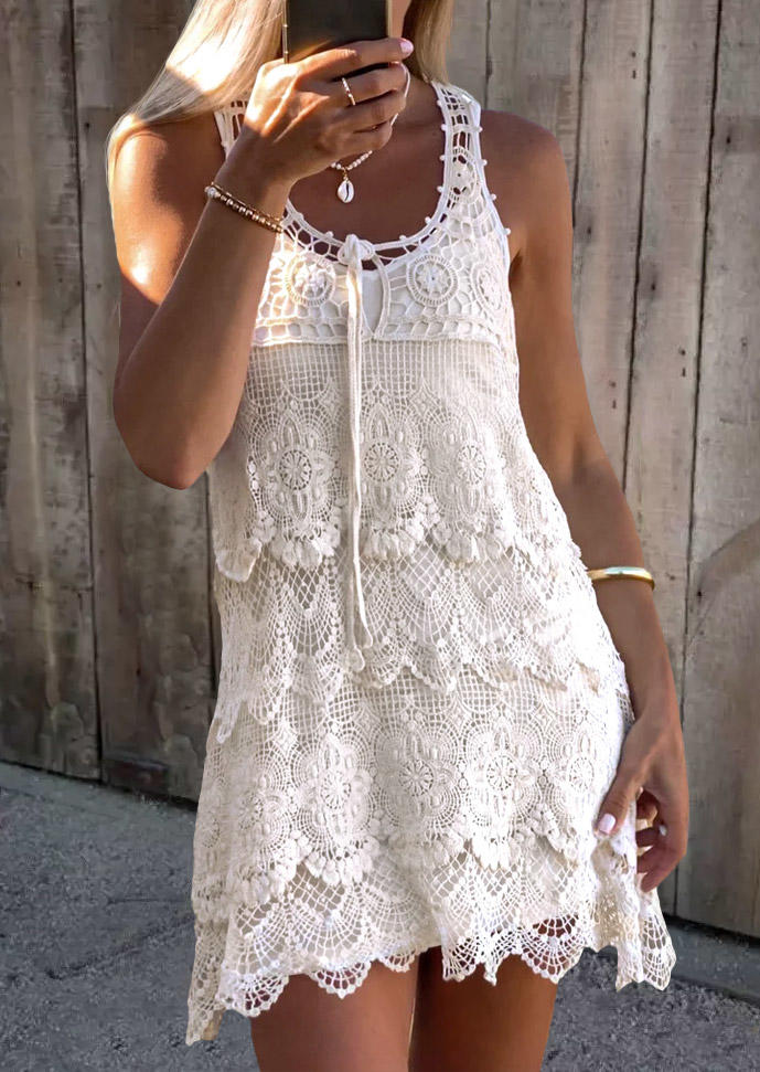 

Crochet Hollow Out Tie Racerback Mini Dress - White, SCM016673