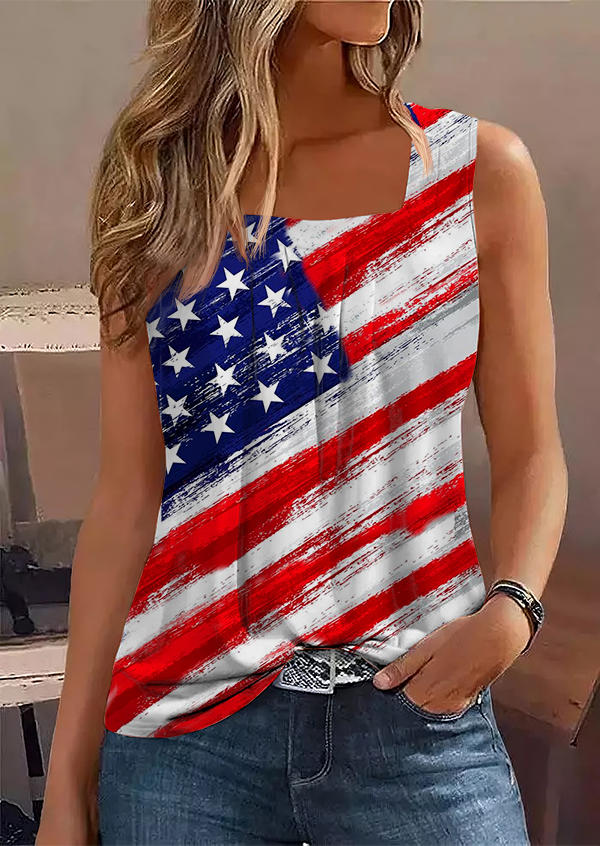 

American Flag Ruffled Square Collar Tank, Multicolor, SCM015849