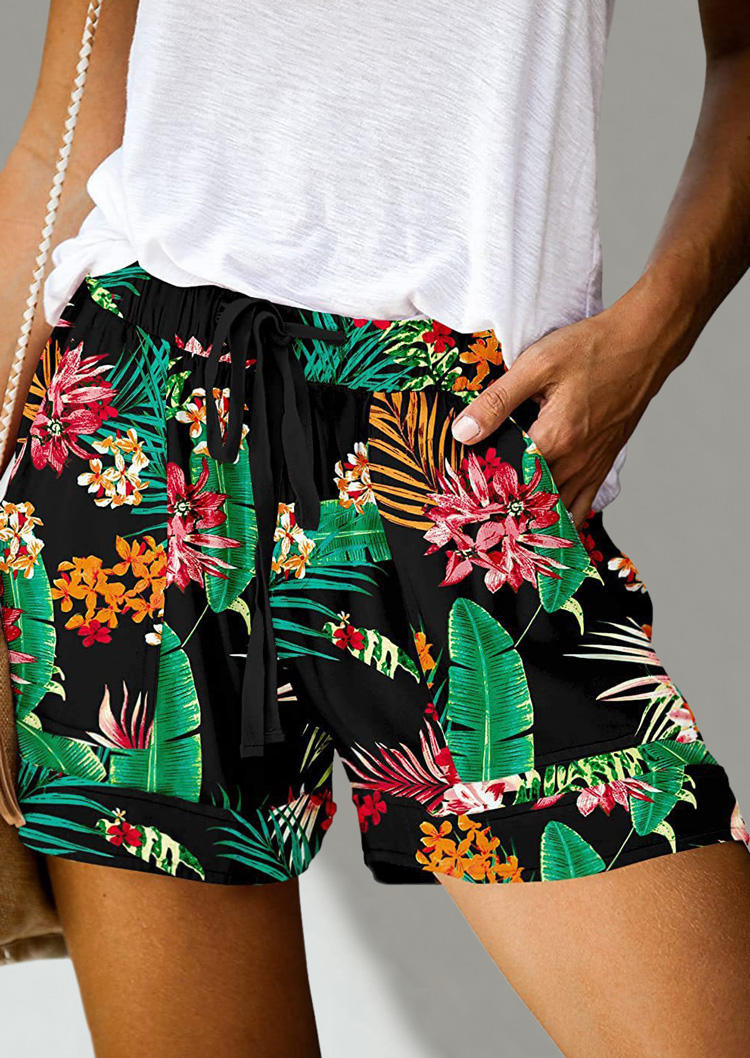 

Floral Palm Leaf Drawstring Pocket Shorts, Multicolor, SCM015961