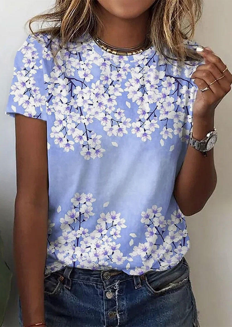 

Floral Casual O-Neck Blouse - Blue, SCM016526