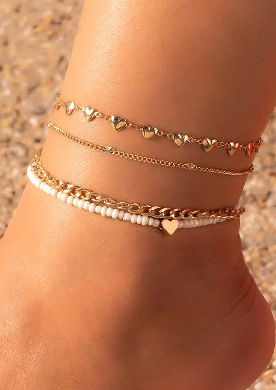 

4Pcs Heart Beading Anklet Set, Gold, SCM016617