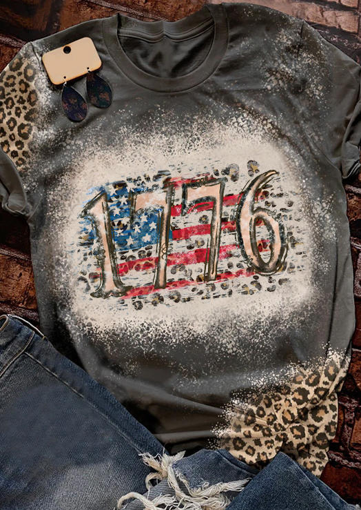 

1776 American Flag Leopard Bleached T-Shirt Tee - Dark Grey, Gray, SCM016651