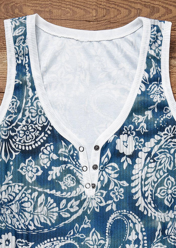 Paisley Floral Snap Button Tank - Navy Blue