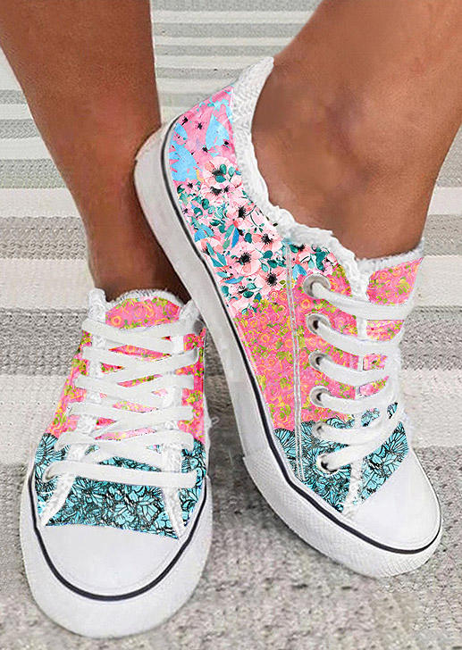 

Color Block Floral Lace Up Flat Sneakers, Multicolor, SCM016799