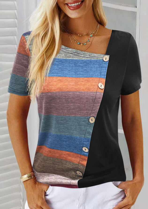 

Color Block Striped Button Blouse, Multicolor, SCM015907