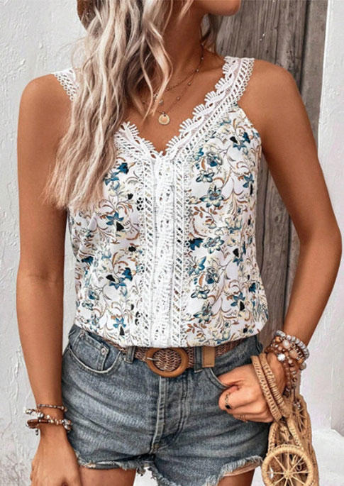 

Floral Lace Splicing V-Neck Tank, Multicolor, SCM016515