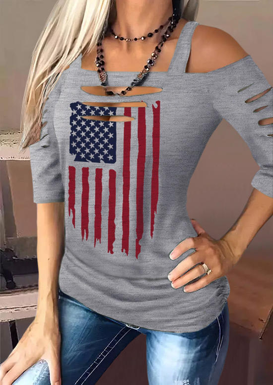 

American Flag Cut Out Hollow Out Ruched Cold Shoulder Blouse - Gray, SCM016596