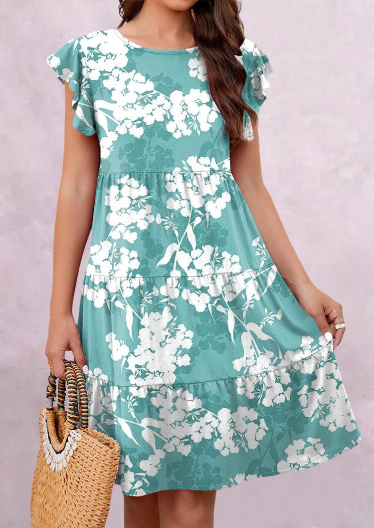 

Floral Ruffled O-Neck Mini Dress - Green, SCM016641