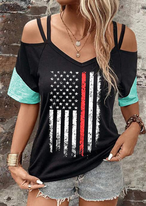 

Color Block American Flag Hollow Out Cold Shoulder Blouse - Black, SCM016892