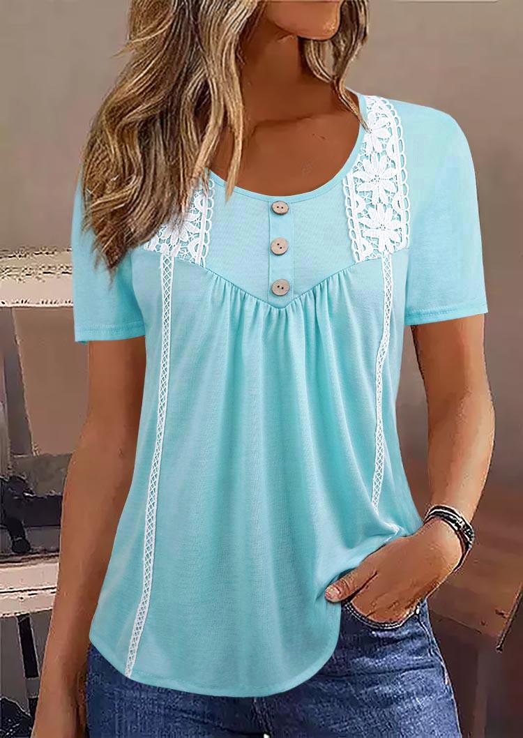 

Lace Splicing Button Ruffled Blouse - Blue, SCM016235