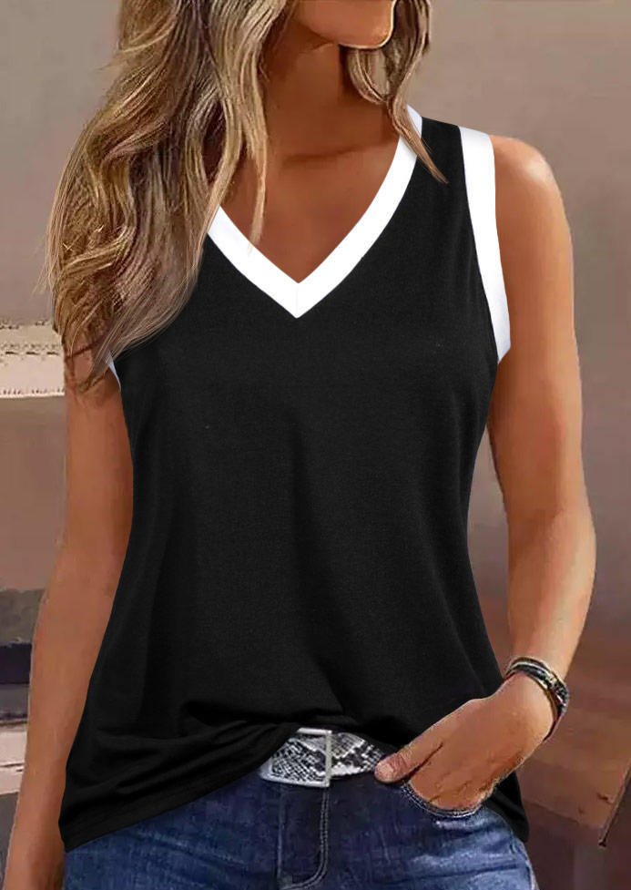 

Color Block V-Neck Casual Tank - Black, SCM016324