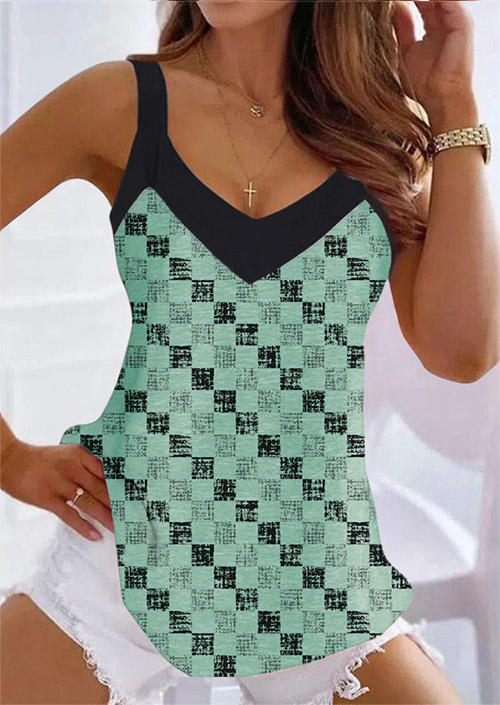 

Checkered Thick Strap V-Neck Tank, Multicolor, SCM016594