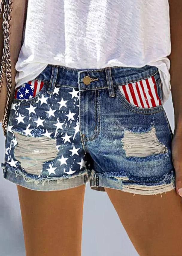 

American Flag Pocket Button Ripped Hole Denim Shorts, Multicolor, SCM016595