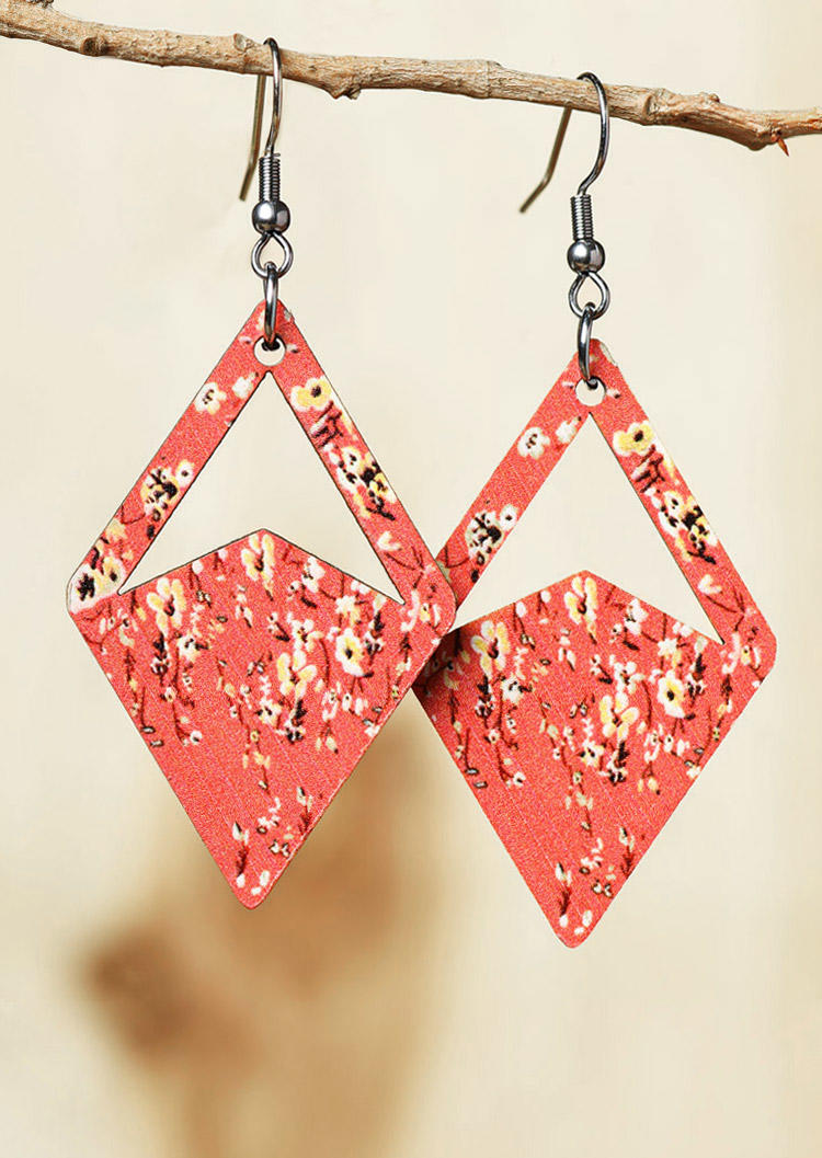

Floral Geometric Hollow Out Wooden Hook Earrings, Pink, SCM016616