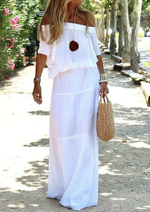 

Ruffled Off Shoulder Maxi Dress - White, SCM016697