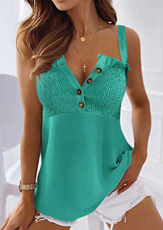 

Smocked Button Ruffled Camisole - Cyan, Blue, SCM015737