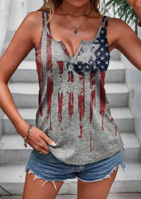 

American Flag Hollow Out Notched Neck Tank, Gray, SCM016233