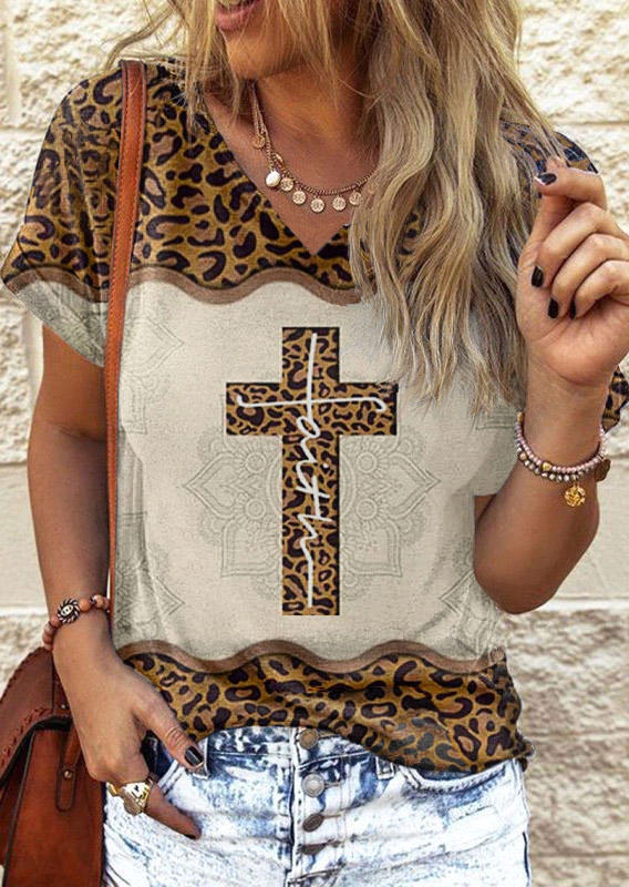 

Faith Leopard Cross V-Neck T-Shirt Tee, Multicolor, SCM016334