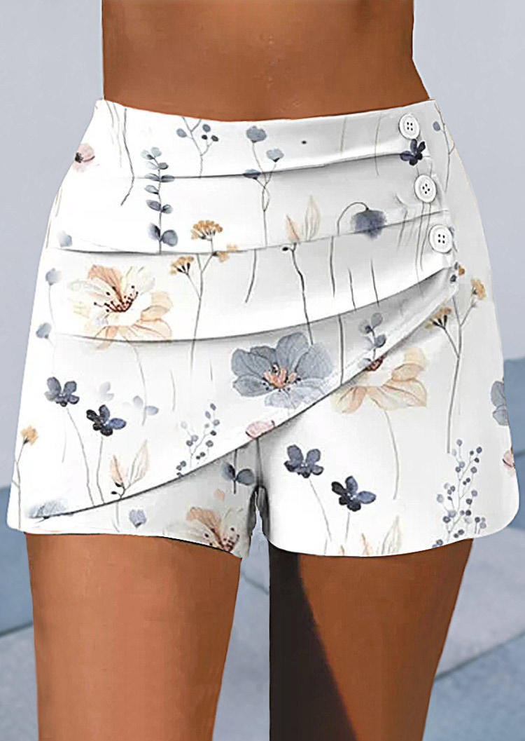 

Floral Ruched Button Wrap Casual Shorts - White, SCM016939