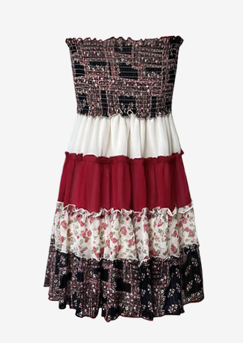 Floral Color Block Smocked Ruffled Strapless Bandeau Mini Dress