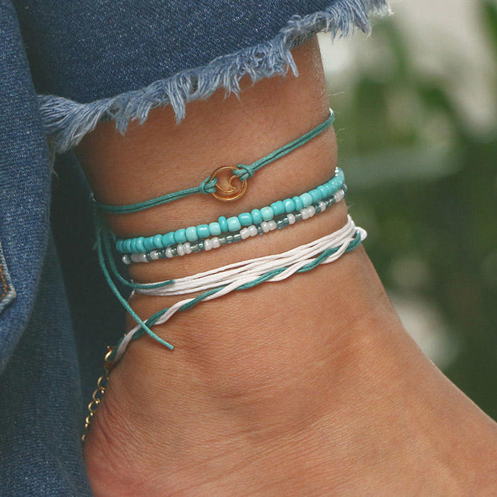 5Pcs Wave Beading Braid Anklet Set