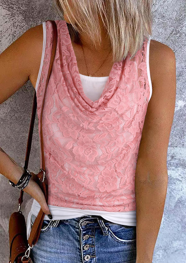 

Floral Lace Splicing Drawstring Fake Two-Piece Tank - Pink, SCM016540