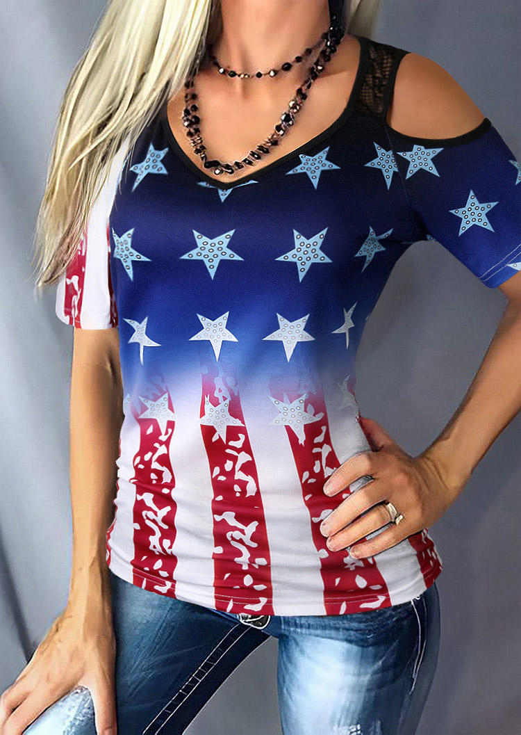 

American Flag Lace Splicing Cold Shoulder Blouse, Multicolor, SCM016658