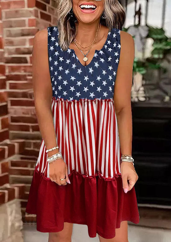 American Flag Star Vertical Striped Ruffled Mini Dress