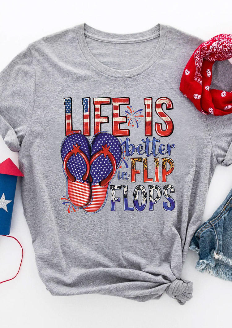 

Life Is Better In Flip Flops American Flag T-Shirt Tee - Gray, SCM016934