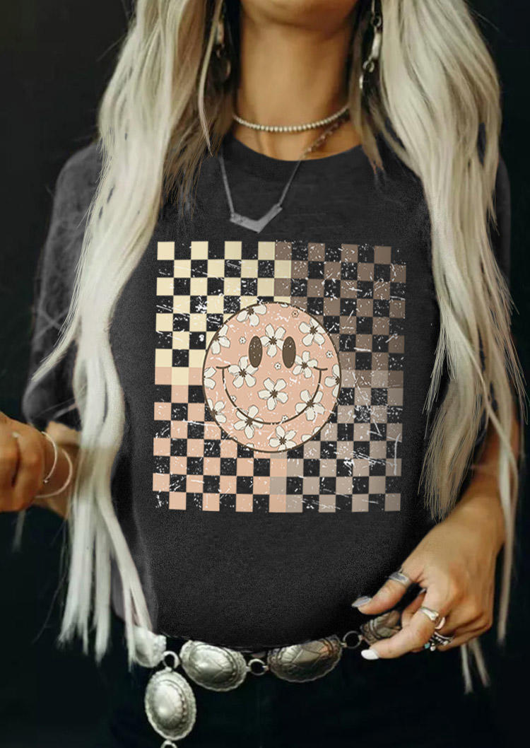 

Checkered Ditsy Floral Smile T-Shirt Tee - Dark Grey, Gray, SCM016976