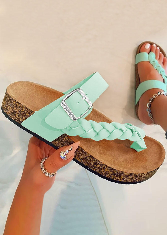 Macrame Woven Buckle Strap Round Toe Slippers - Cyan