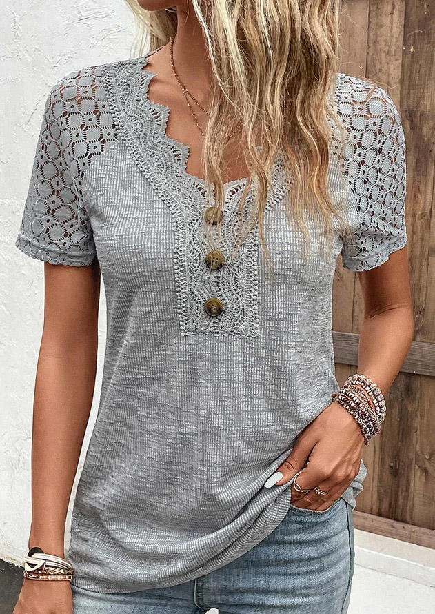 

Lace Splicing Button Hollow Out Blouse - Gray, SCM016399