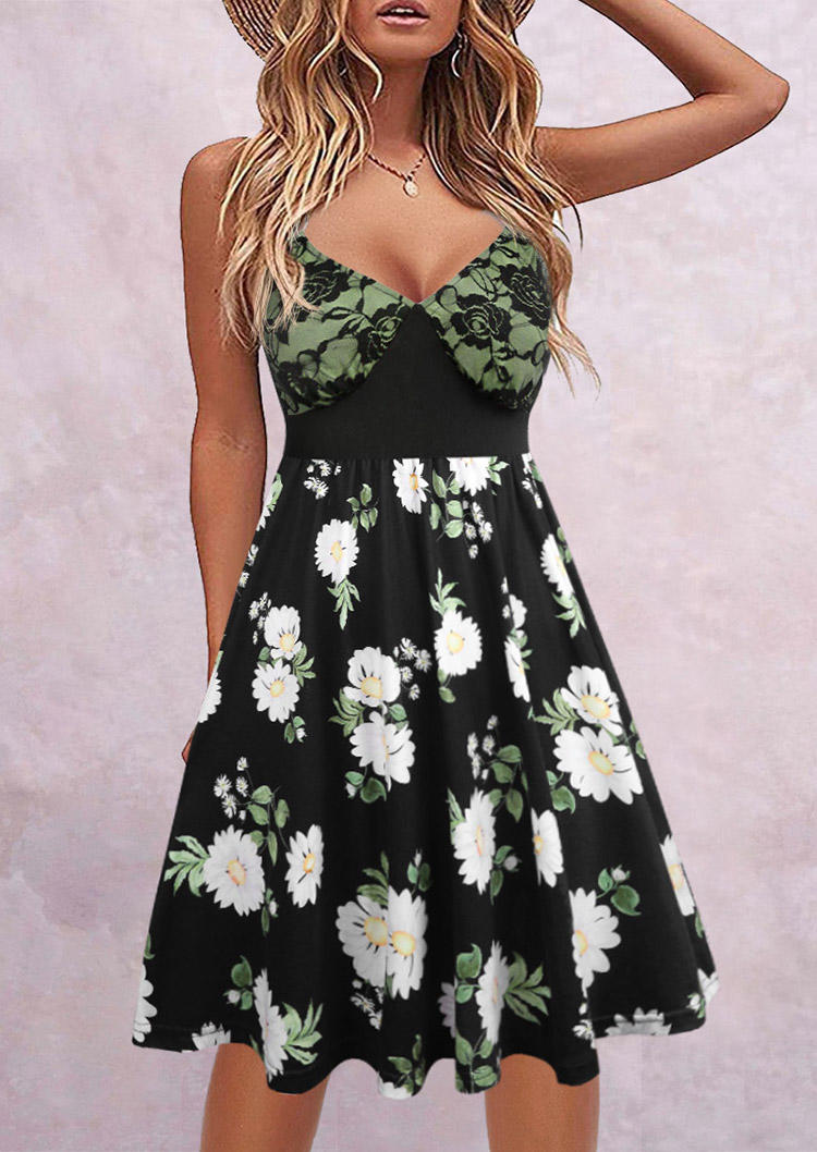 

Floral Lace Splicing V-Neck Mini Dress, Multicolor, SCM016645