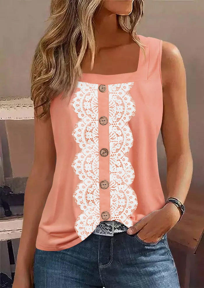 

Lace Splicing Button Tank, Pink, SCM016664