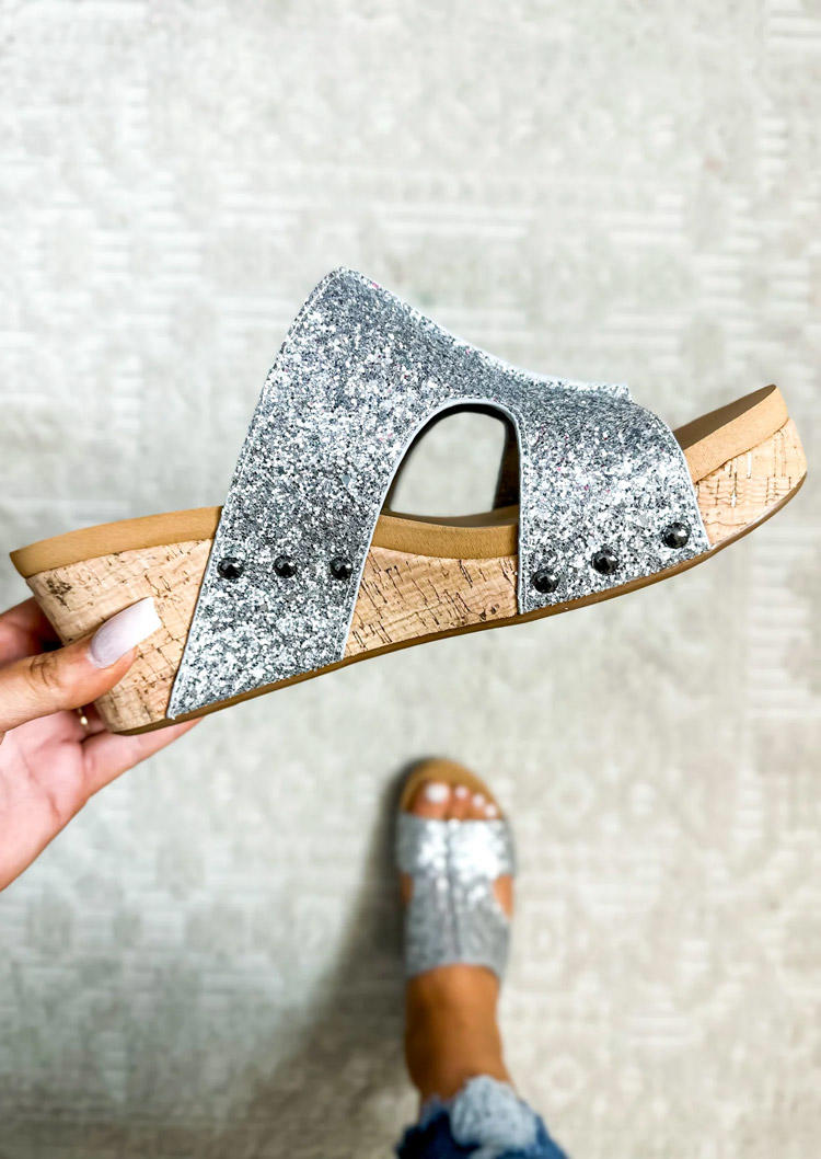 

Glitter Peep Toe Wedge Slippers - Silver, SCM016793