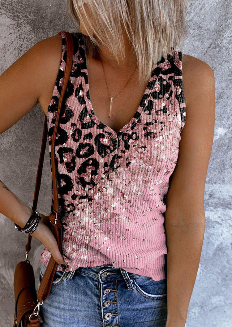 

Leopard Gradient Glitter Snap Button Tank, Multicolor, SCM016887