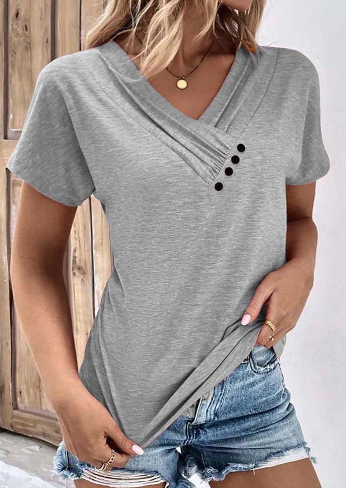 

Button Ruffled V-Neck Blouse - Gray, SCM016925