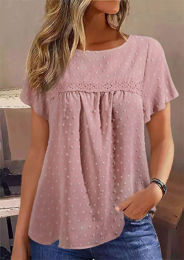 

Dotted Swiss Lace Splicing Ruffled Blouse - Pink, SCM016928