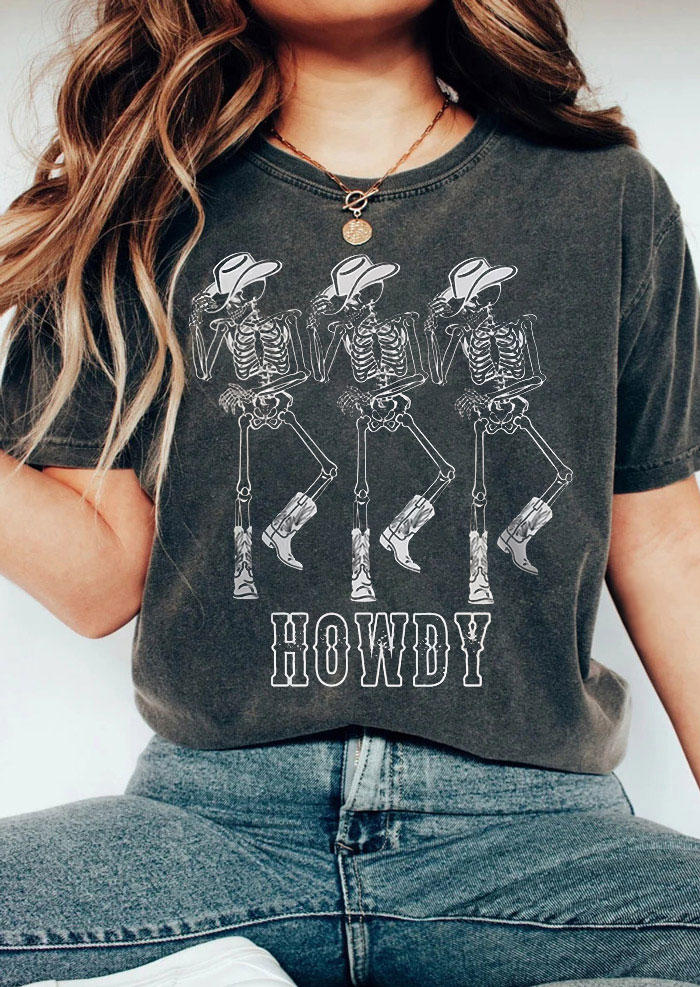 

Howdy Skeleton O-Neck T-Shirt Tee - Dark Grey, Gray, SCM017021