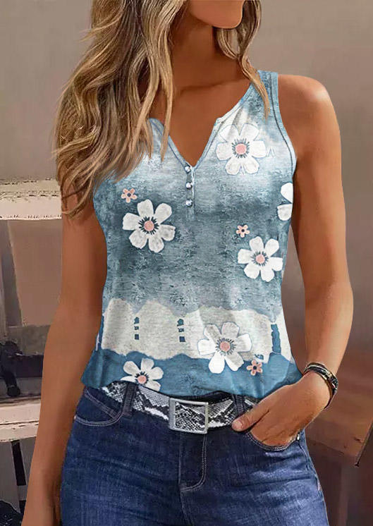 

Floral Gradient Button Notched Collar Tank, Multicolor, SCM017024